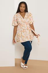 YOURS Plus Size Orange Floral Print Ribbed Wrap Top | Yours Clothing 1