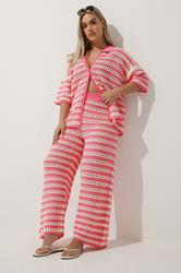 LIMITED COLLECTION Plus Size Pink & White Stripe Crochet Wide Leg Trousers | Yours Clothing 4