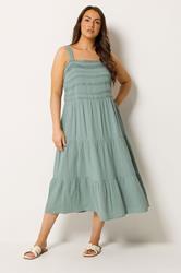 YOURS Plus Size Sage Green Cheesecloth Pleated Tiered Dress | Yours Clothing 1