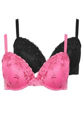 YOURSET 2 PACK Curve Black & Pink Floral Lace Embroidered Padded Bras