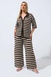LIMITED COLLECTION Plus Size Chocolate Brown Stripe Crochet Wide Leg Trousers | Yours Clothing 3