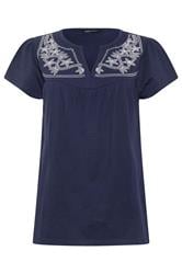 M&Co Navy Blue Embroidered Cotton Notch Neck Top