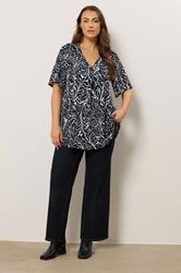 EVANS Plus Size Navy Blue Abstract Floral Pleat Front Swing Top | Evans 2