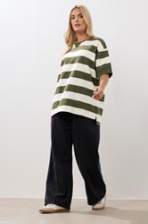 YOURS Plus Size Khaki Green Stripe Heavyweight T-Shirt | Yours Clothing 2