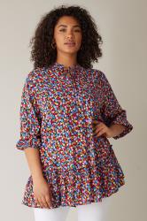 EVANS Plus Size Pink & Blue Floral Tie Neck Blouse | Evans 3