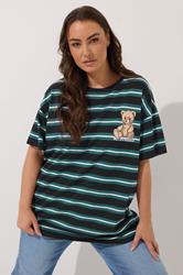 YOURS Plus Size Green Stripe Teddy Print T-Shirt | Yours Clothing 3