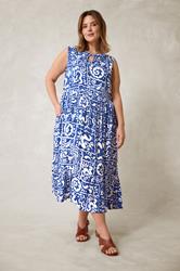 EVANS Plus Size Blue Abstract Print Tie Neck Maxi Dress | Evans 3