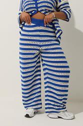 LIMITED COLLECTION Plus Size Blue & White Stripe Crochet Wide Leg Trousers | Yours Clothing 1