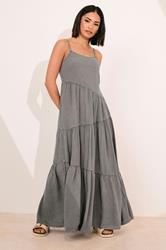 PixieGirl Petite Women's Grey Acid Wash Asymmetric Tiered Maxi Dress | PixieGirl 3