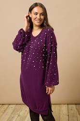 EVANS Plus Size Purple Pearl Embellished Soft Touch Jumper Dress | Evans 3