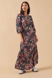 PixieGirl Petite Women's Black Spot & Floral Print Maxi Dress | PixieGirl 1