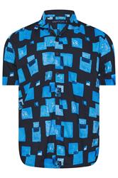 BadRhino Big & Tall Navy Blue Square Print Peached Short Sleeve Revere Collar Shirt