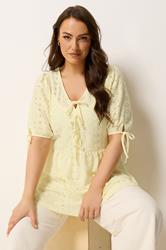 YOURS Plus Size Yellow Broderie Anglaise Bow Tie Front Top | Yours Clothing 3