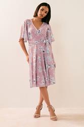 PixieGirl Petite Women's Blush Pink Mesh Floral Wrap Midi Dress | PixieGirl 3