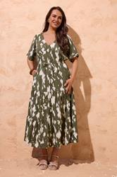 EVANS Plus Size Khaki Green Abstract Placket Dress | Evans 3