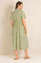 EVANS Plus Size Green Leaf Print Shirred Waist Midi Linen Dress | Evans 4