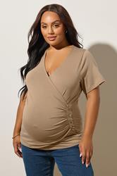 BUMP IT UP Plus Size Brown Button Detail Wrap Top | Yours Clothing 3