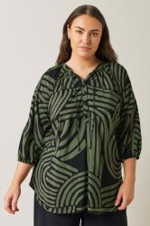 EVANS Plus Size Khaki Green Abstract Print Tie Neck Blouse | Evans 3