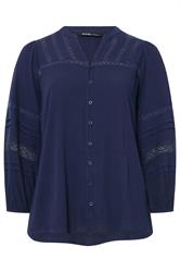 YOURS Curve Navy Blue Notch Neck Crochet Blouse