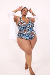 YOURS Plus Size Blue & Orange Animal Plunge Swimsuit | Yours Clothing 1