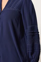 YOURS Curve Navy Blue Notch Neck Crochet Blouse | Yours Clothing  4