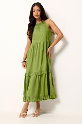 PixieGirl Petite Women's Green Halter Neck Tiered Maxi Dress | PixieGirl 1