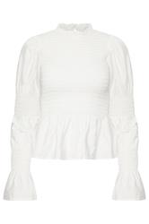 PixieGirl Petite White Shirred Peplum Smock Top