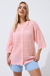 LIMITED COLLECTION Plus Size Pink Crochet Knitted Shirt | Yours Clothing 3