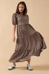 PixieGirl Petite Women's Chocolate Brown Polka Dot Tiered Dress | PixieGirl 1