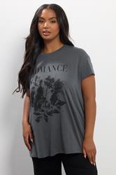 YOURS Plus Size Grey Floral 'Romance' Embellished Slogan T-Shirt | Yours Clothing 3