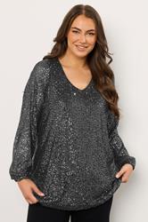 EVANS Plus Size Black Sequin Embellished Balloon Sleeve Top | Evans 3