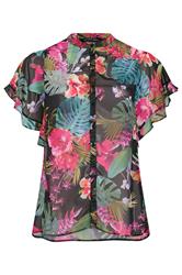 EVANS Curve Black Tropical Frill Sleeve Blouse