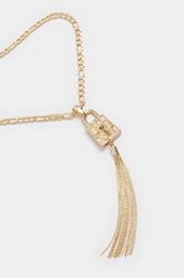 Gold Tone Long Padlock Tassel Necklace | Yours Clothing 2