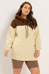 YOURS Plus Size Natural Brown Colourblock Teddy Fleece Hoodie | Yours Clothing  3
