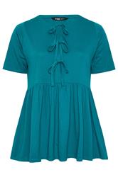 YOURS Curve Teal Blue Bow Tie Front Peplum Top