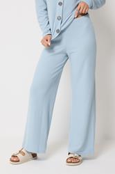 PixieGirl Petite Women's Light Blue Ribbed Wide Leg Trousers | PixieGirl 1