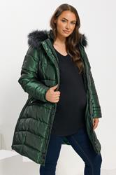 BUMP IT UP Maternity Plus Size Green Panelled Puffer Midi Coat | Yours Clothing 3