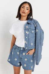 PixieGirl Petite Women's Blue Denim Daisy Embroidered Shorts | PixieGirl 1