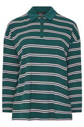 YOURS Curve Teal Blue & Pink Stripe Waffle Rugby Collar Top