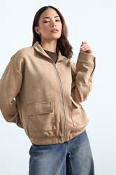 PixieGirl Petite Women's Natural Brown Faux Suede Bomber Jacket | PixieGirl 3