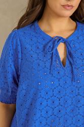 EVANS Plus Size Blue Floral Broderie Tie Neck Blouse | Evans 4