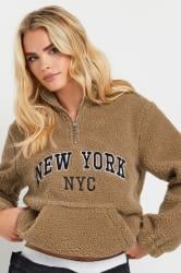 PixieGirl Petite Women's Beige Brown Slogan Half Zip Teddy Fleece | PixieGirl 4