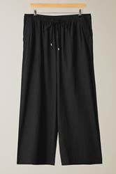 EVANS Curve Black Wide Leg Premium Linen Trousers