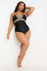 YOURS Plus Size Black Metallic Tummy Control Swimsuit | Yours Clothing 4