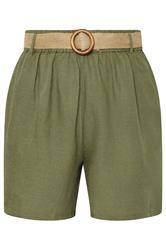 YOURS Curve Khaki Green Belted Linen Shorts