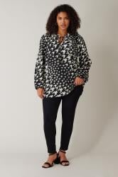 EVANS Plus Size Black Dogtooth Print Tie Neck Blouse | Evans 1