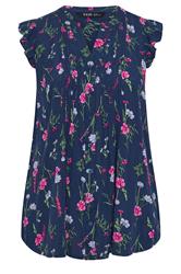 YOURS Curve Navy Blue Floral Sleeveless Pintuck Top