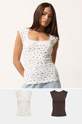 PixieGirl Petite 2 PACK Women's Chocolate Brown & White Spot Cotton Vest Top | PixieGirl 3