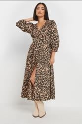 PixieGirl Petite Women's Brown Leopard Print Button Midi Dress | PixieGirl 3