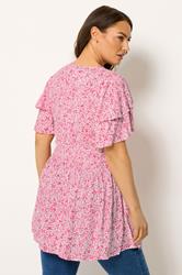 YOURS Plus Size Pink Ditsy Print Flutter Sleeve Top | Yours Clothing 2